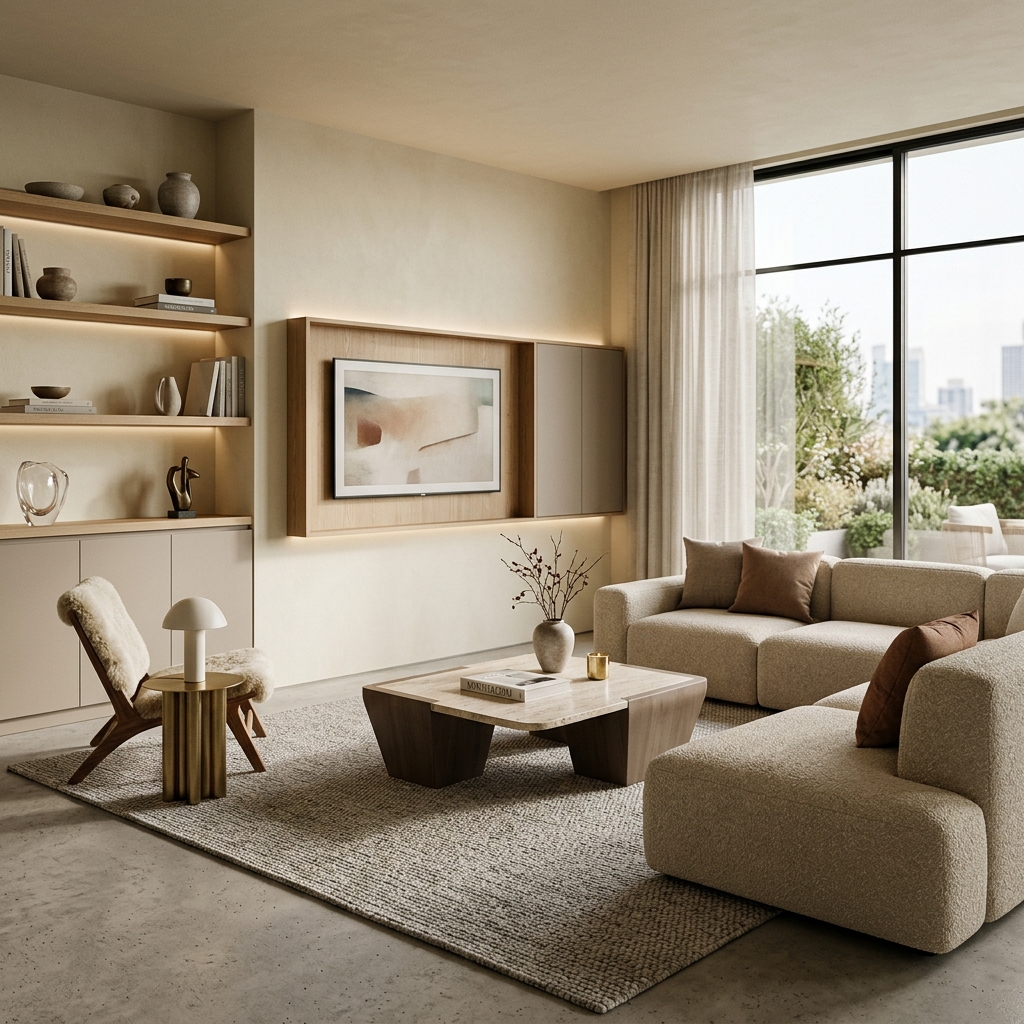 Современная гостиная с ТВ-зоной и шкафами