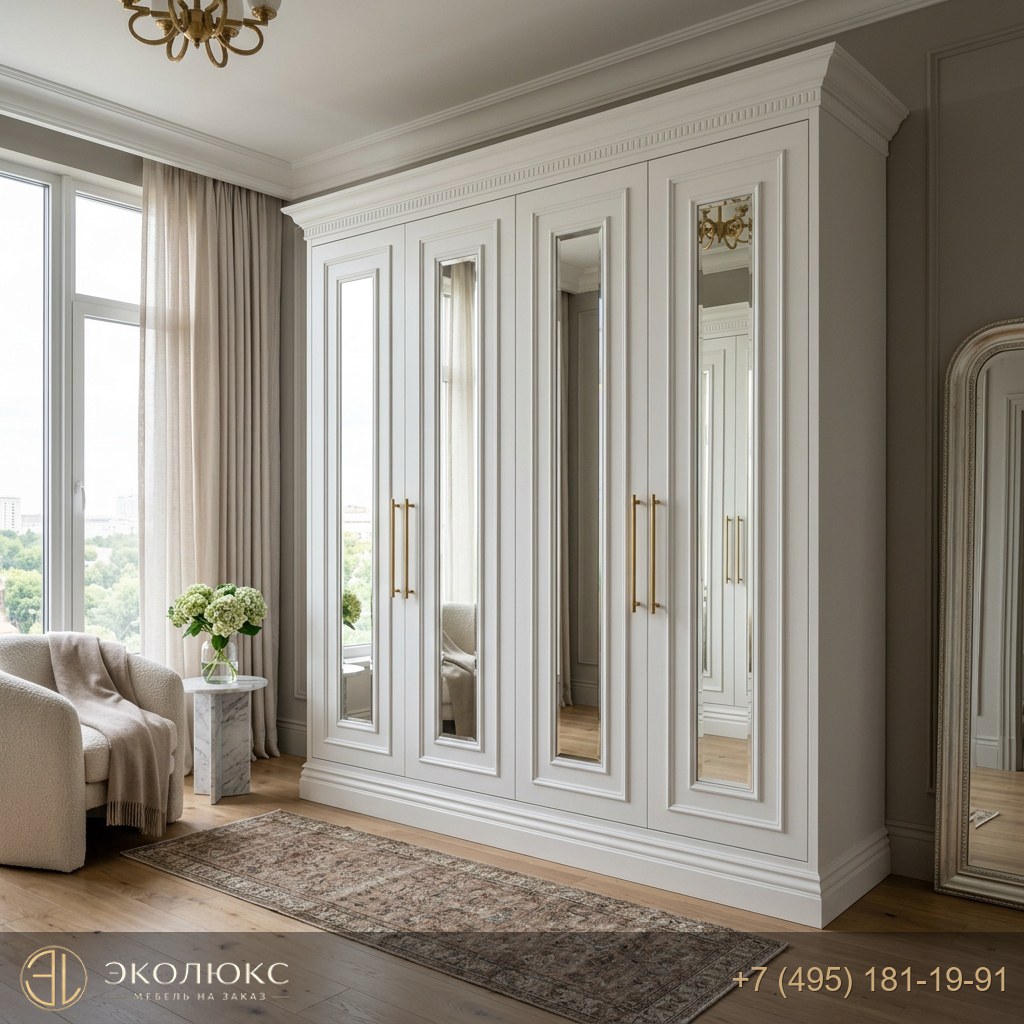 Белый четырехдверный шкаф с зеркалами Мередит